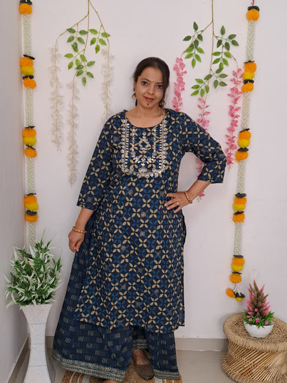 Midnight Elegance: Blue Kurta Palazzo Set with Gotta Patti Yoke