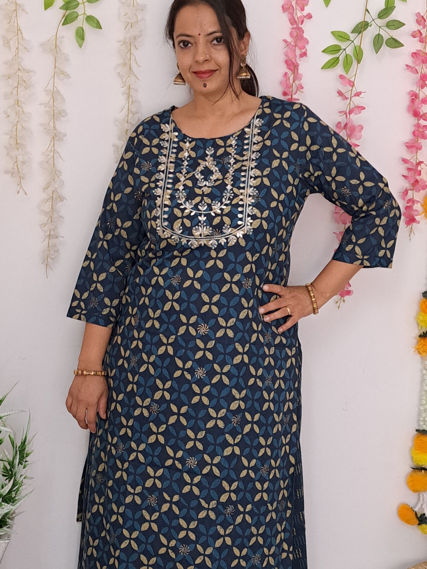 Midnight Elegance: Blue Kurta Palazzo Set with Gotta Patti Yoke