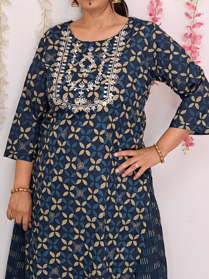 Midnight Elegance: Blue Kurta Palazzo Set with Gotta Patti Yoke