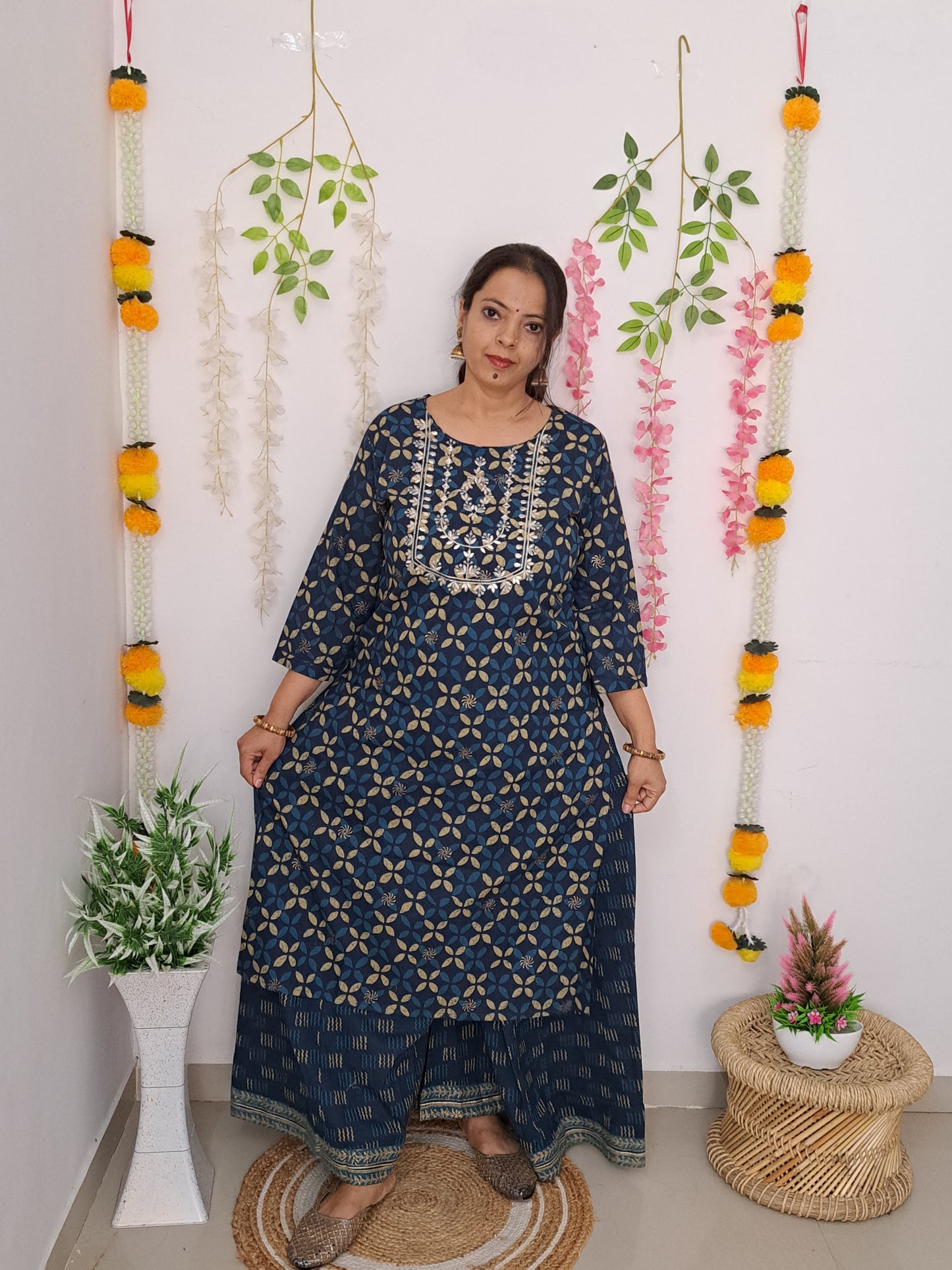 Midnight Elegance: Blue Kurta Palazzo Set with Gotta Patti Yoke