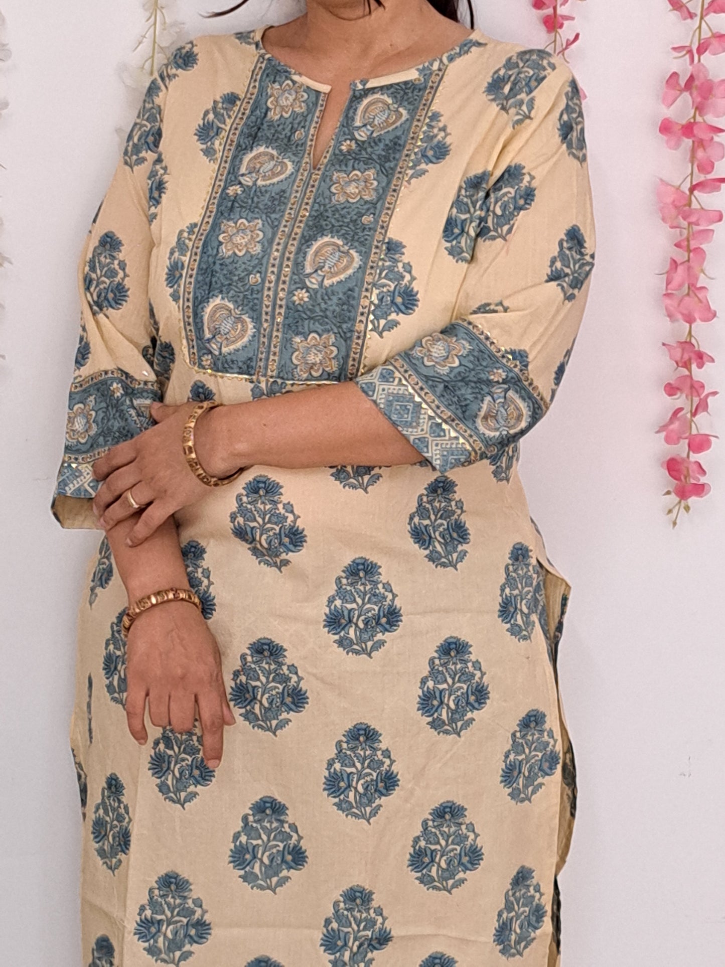 Serene Sky: Beige and Blue Soft Cotton Kurta Pant Set