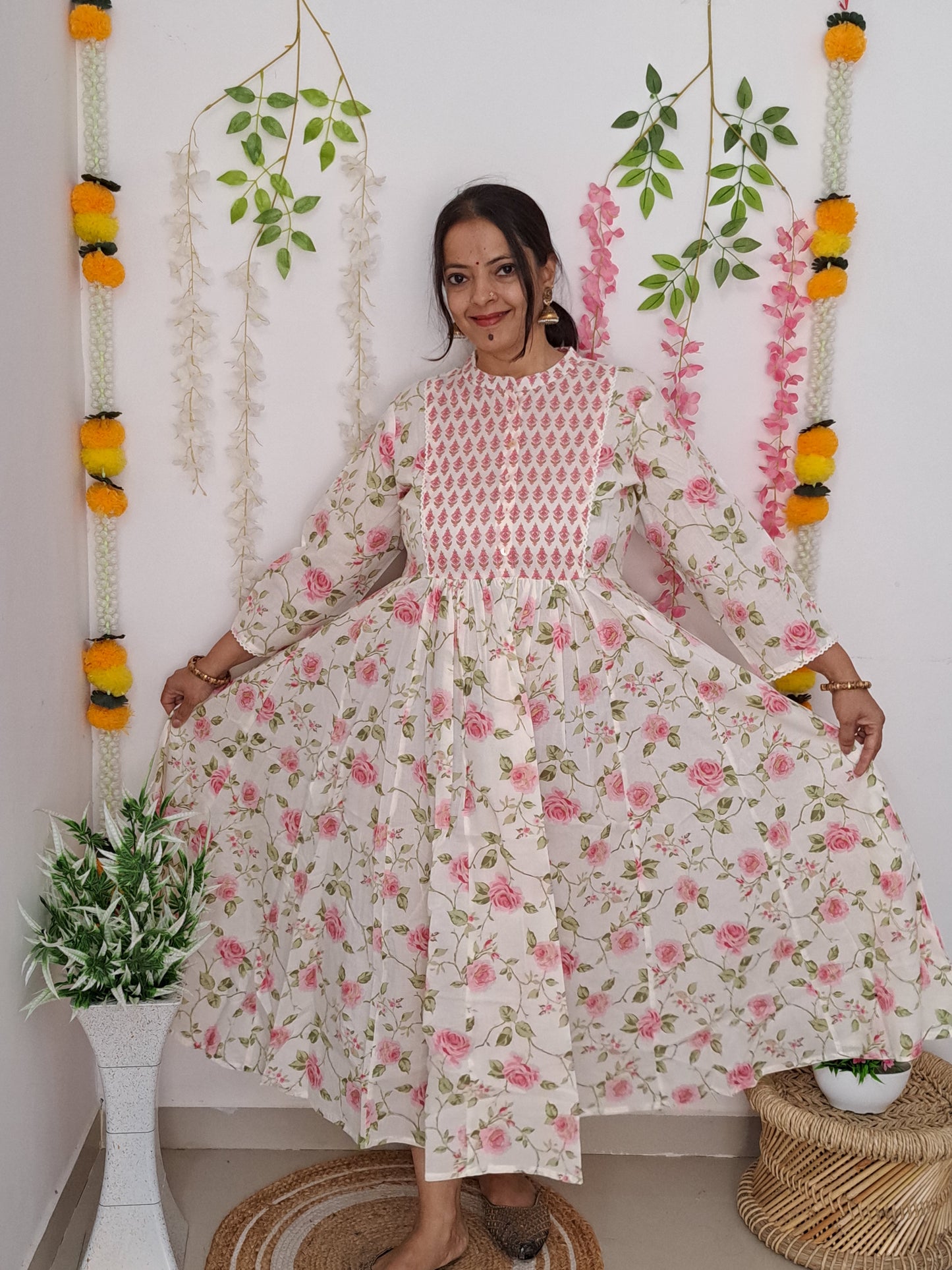 Blooming Petals: Off White and Pink Floral Soft Cotton Frock with Yoke and 3/4 Sleeve