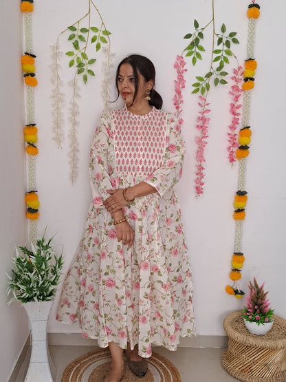 Blooming Petals: Off White and Pink Floral Soft Cotton Frock with Yoke and 3/4 Sleeve