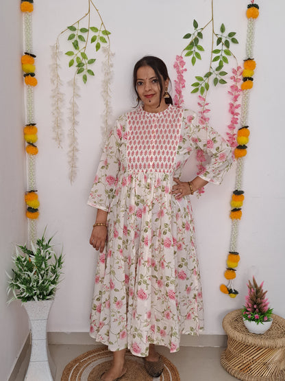 Blooming Petals: Off White and Pink Floral Soft Cotton Frock with Yoke and 3/4 Sleeve