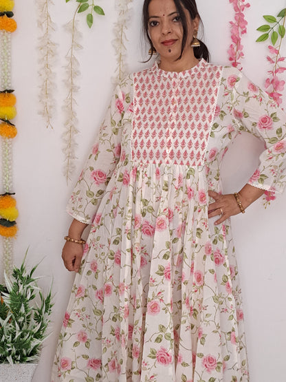 Blooming Petals: Off White and Pink Floral Soft Cotton Frock with Yoke and 3/4 Sleeve