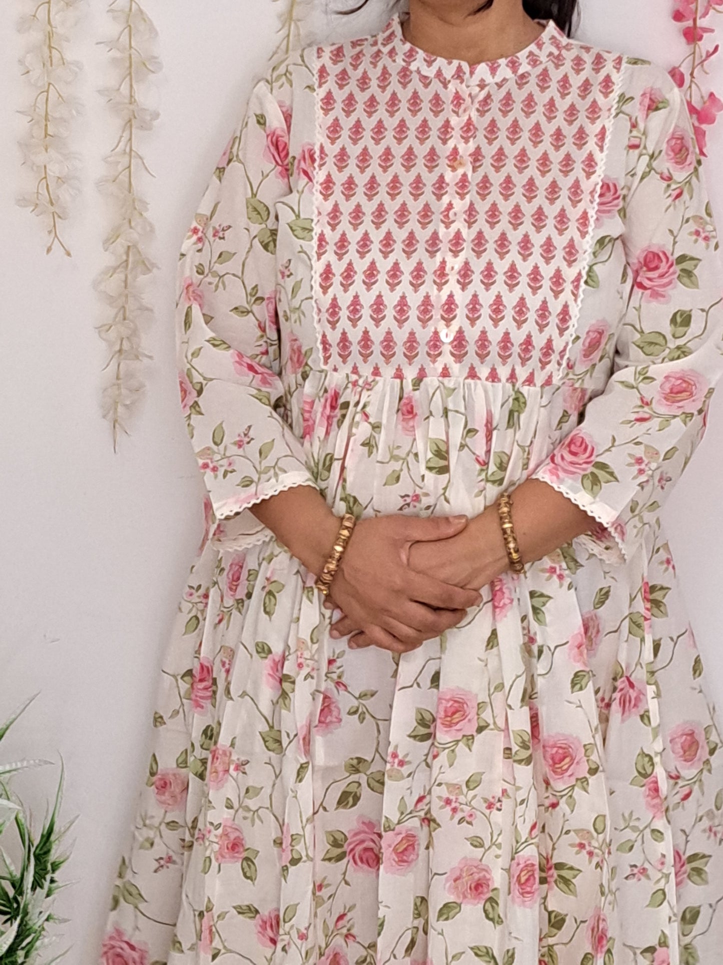 Blooming Petals: Off White and Pink Floral Soft Cotton Frock with Yoke and 3/4 Sleeve