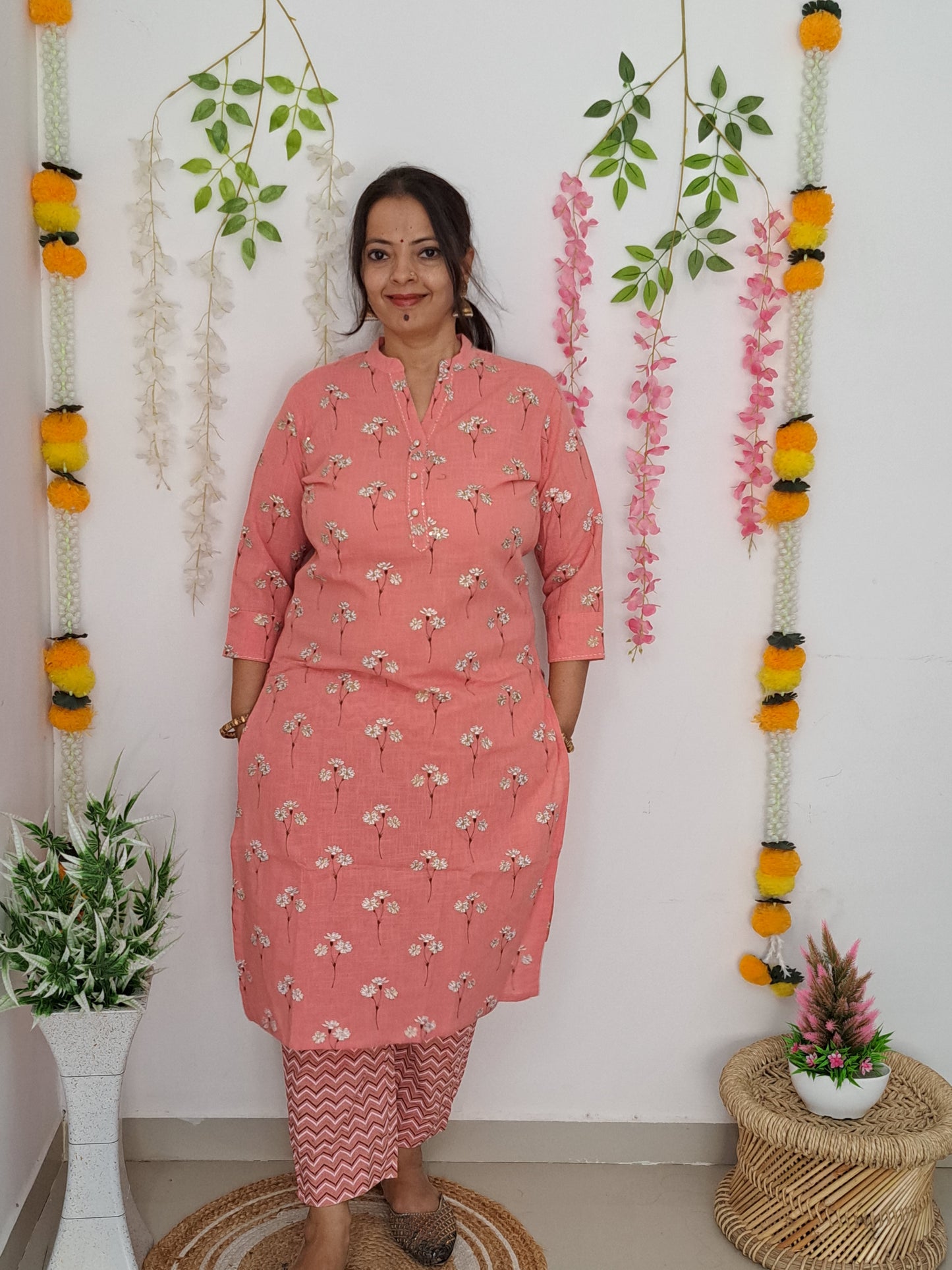 Pearl Essence: Pink Cotton Kurta Pant Set with Pearl Buttons