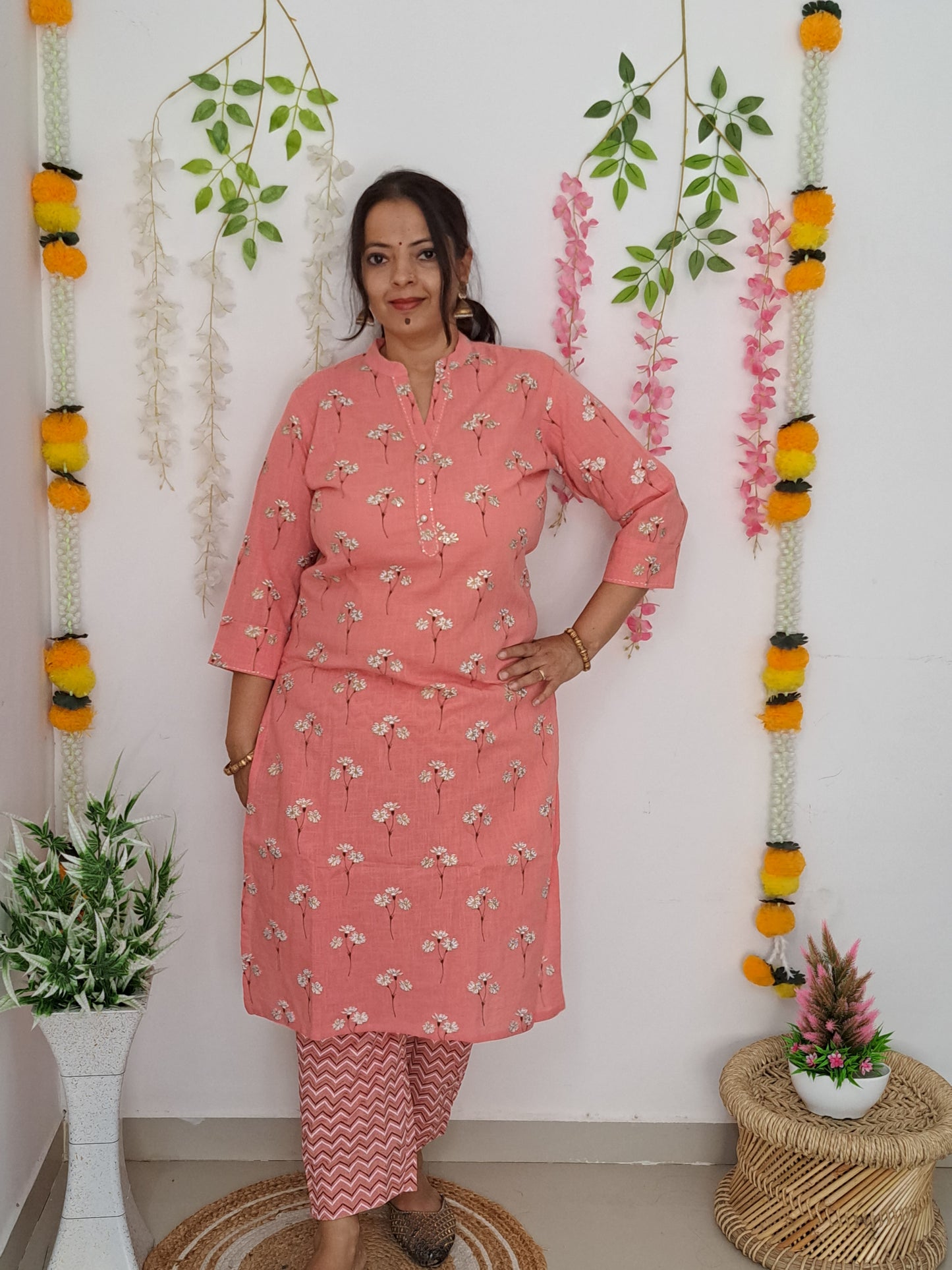 Pearl Essence: Pink Cotton Kurta Pant Set with Pearl Buttons