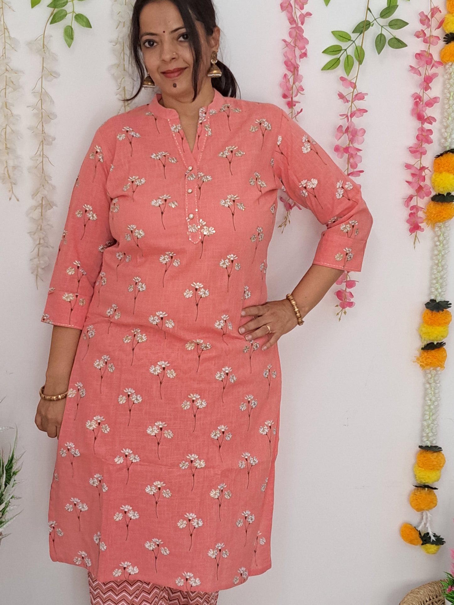 Pearl Essence: Pink Cotton Kurta Pant Set with Pearl Buttons