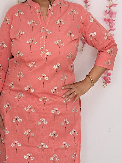 Pearl Essence: Pink Cotton Kurta Pant Set with Pearl Buttons