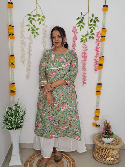 Floral Elegance: Pista Green Floral Cotton Kurta palazzo set with Gota Patti Work