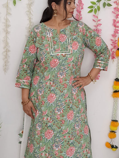 Floral Elegance: Pista Green Floral Cotton Kurta palazzo set with Gota Patti Work