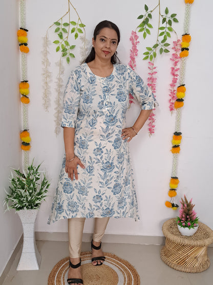 Azure Blossoms: White and Blue Floral Asymmetrical Cotton Kurti