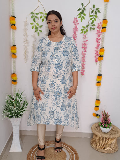 Azure Blossoms: White and Blue Floral Asymmetrical Cotton Kurti