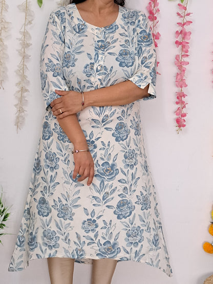 Azure Blossoms: White and Blue Floral Asymmetrical Cotton Kurti