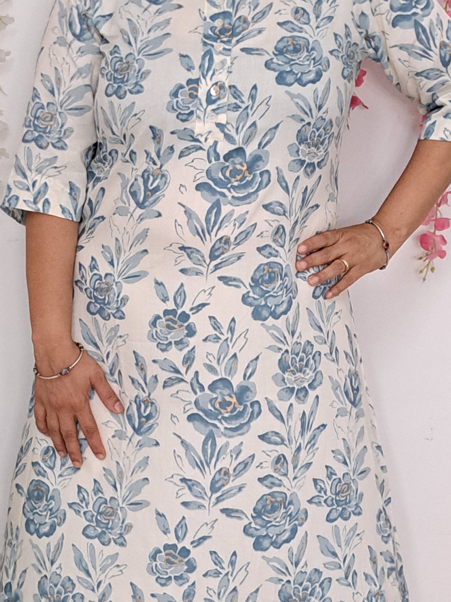 Azure Blossoms: White and Blue Floral Asymmetrical Cotton Kurti