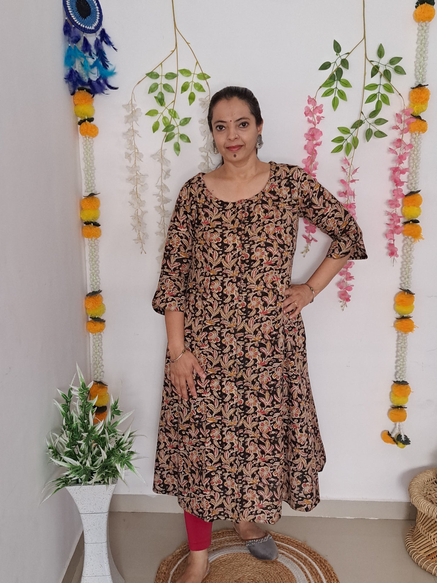 Elegant Noir: Black Floral A-Line Kurti