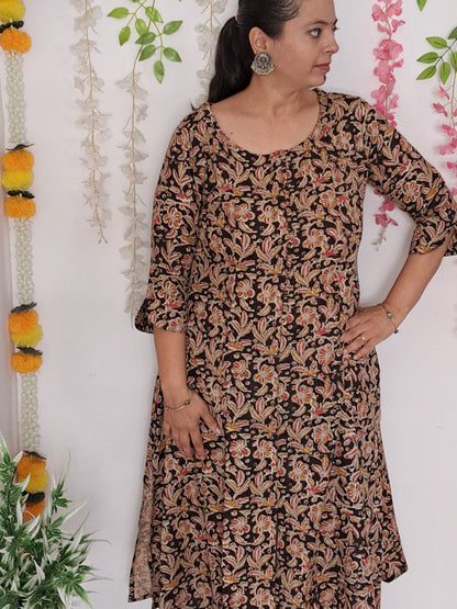 Elegant Noir: Black Floral A-Line Kurti