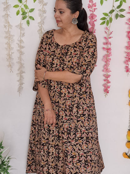 Elegant Noir: Black Floral A-Line Kurti