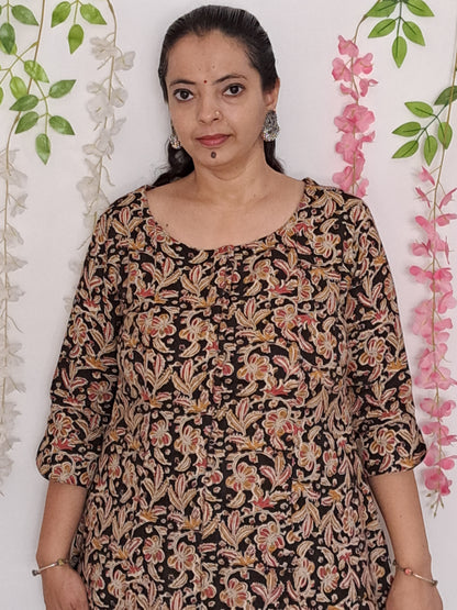 Elegant Noir: Black Floral A-Line Kurti