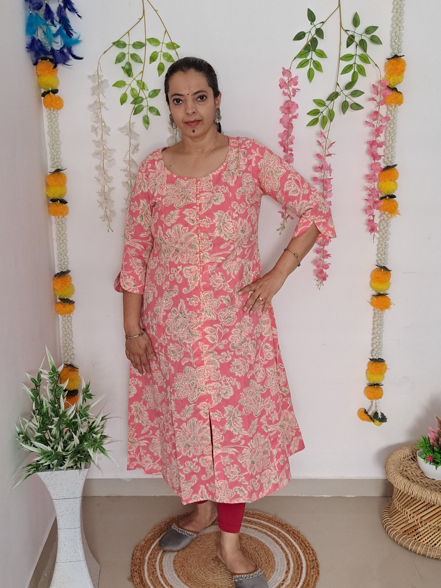 Floral Bliss: Pink Cotton Flex A-Line Kurti