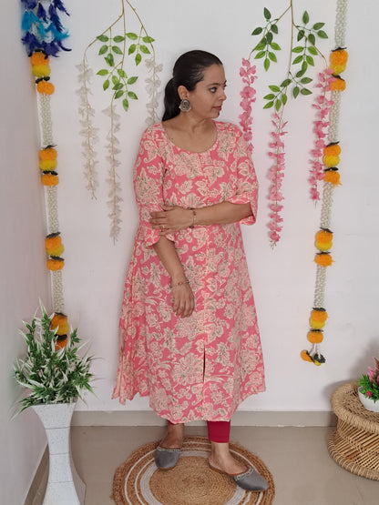 Floral Bliss: Pink Cotton Flex A-Line Kurti