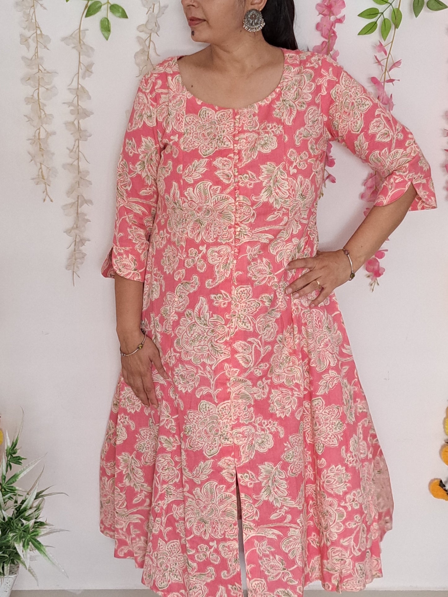 Floral Bliss: Pink Cotton Flex A-Line Kurti