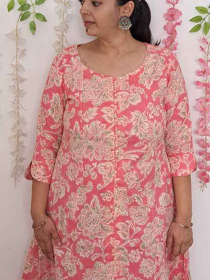 Floral Bliss: Pink Cotton Flex A-Line Kurti