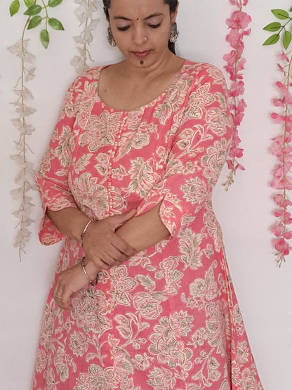 Floral Bliss: Pink Cotton Flex A-Line Kurti