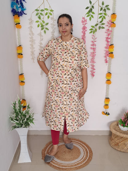 Graceful Harmony: Grey and Pink A-Line Cotton Flex Kurti