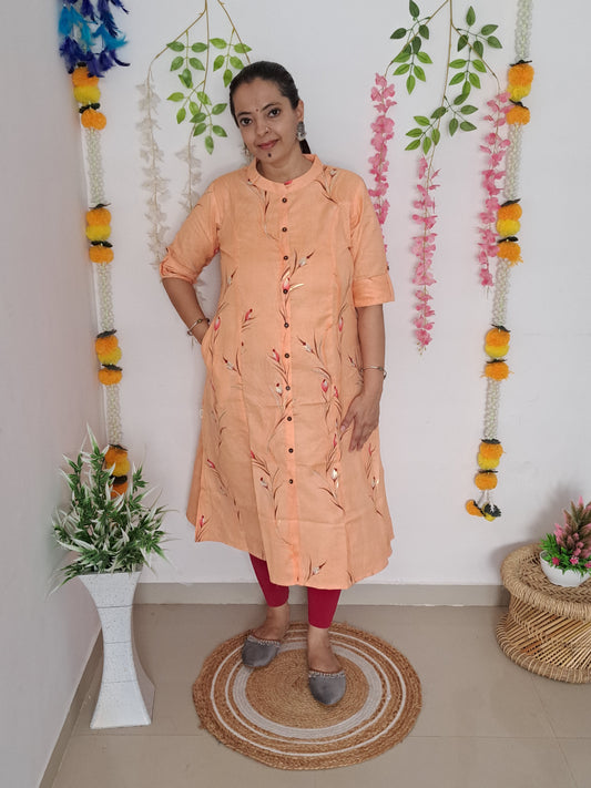 Peach Blossom: Floral A-Line Cotton Flex Kurti