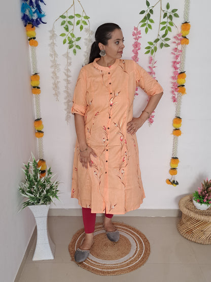 Peach Blossom: Floral A-Line Cotton Flex Kurti