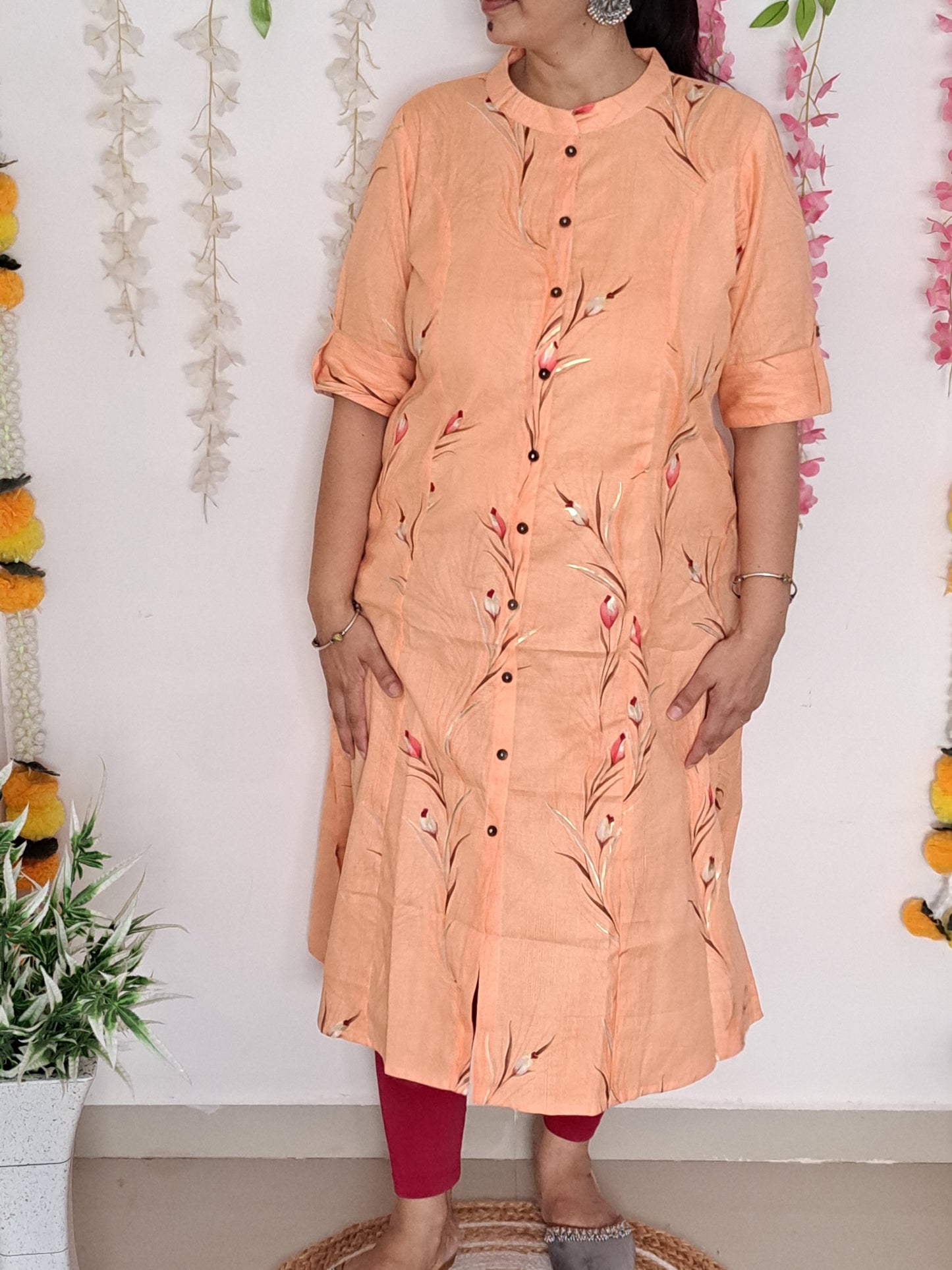 Peach Blossom: Floral A-Line Cotton Flex Kurti