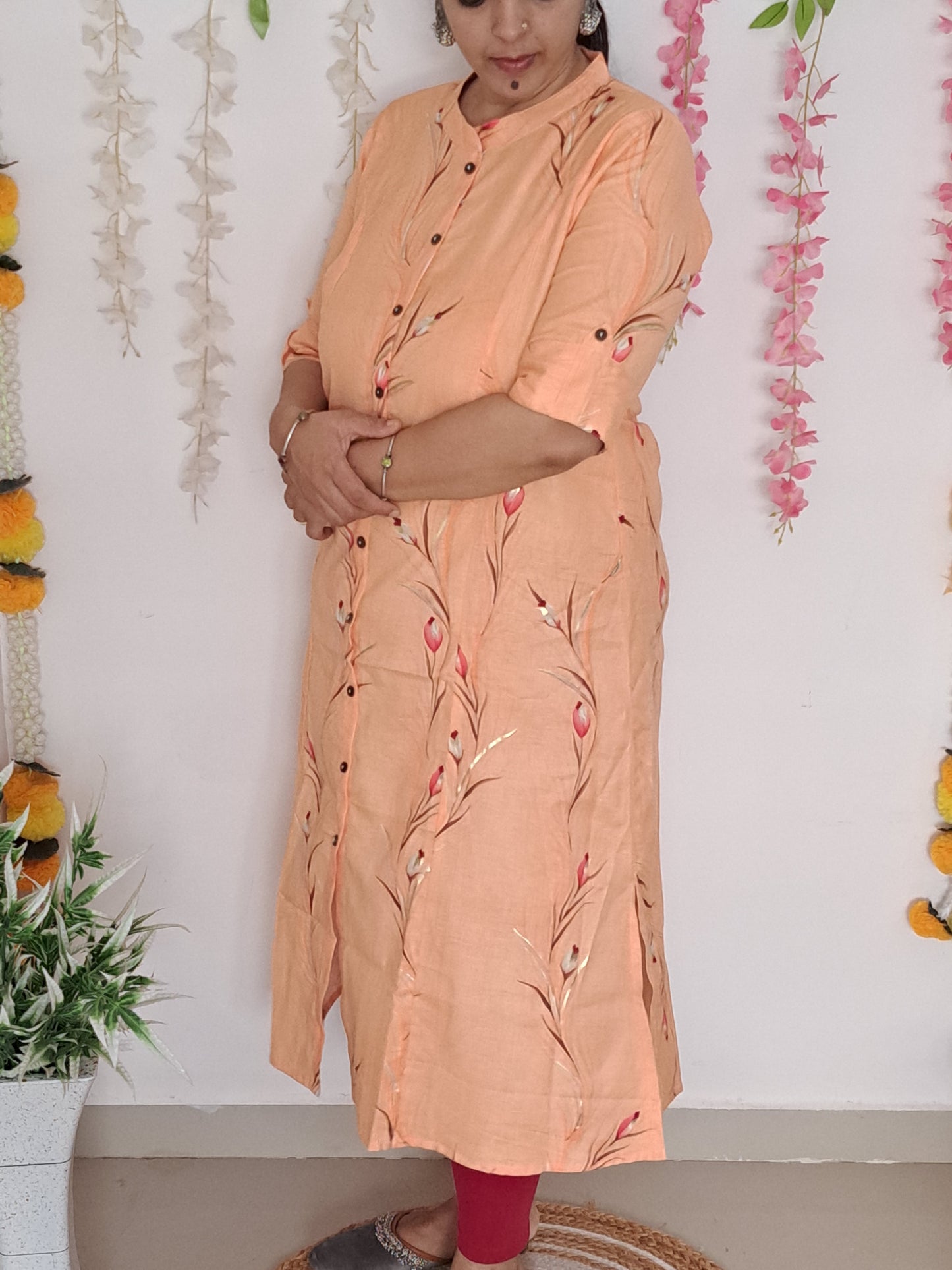 Peach Blossom: Floral A-Line Cotton Flex Kurti