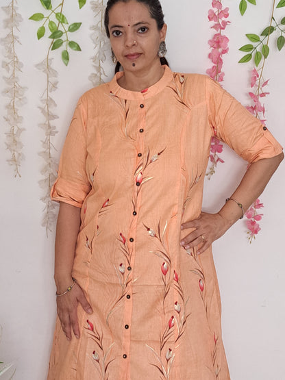 Peach Blossom: Floral A-Line Cotton Flex Kurti