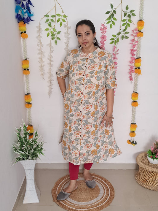 Tropical Blooms: Orange and Green Floral A-Line Cotton Flex Kurti