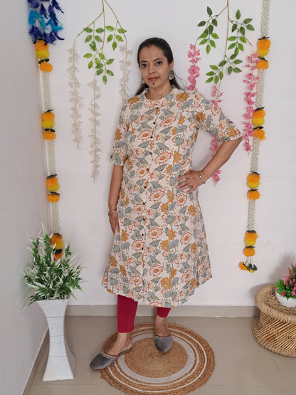 Tropical Blooms: Orange and Green Floral A-Line Cotton Flex Kurti