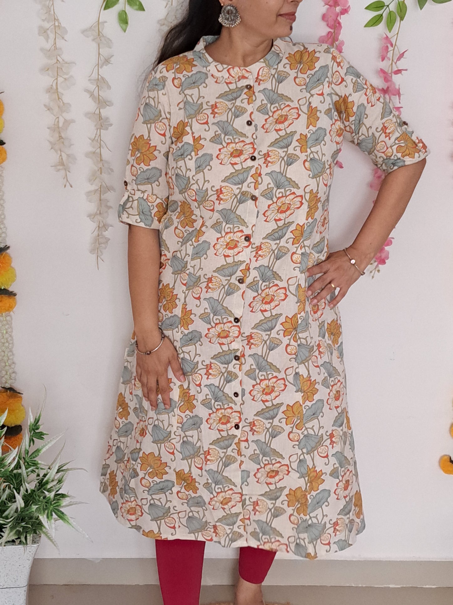 Tropical Blooms: Orange and Green Floral A-Line Cotton Flex Kurti