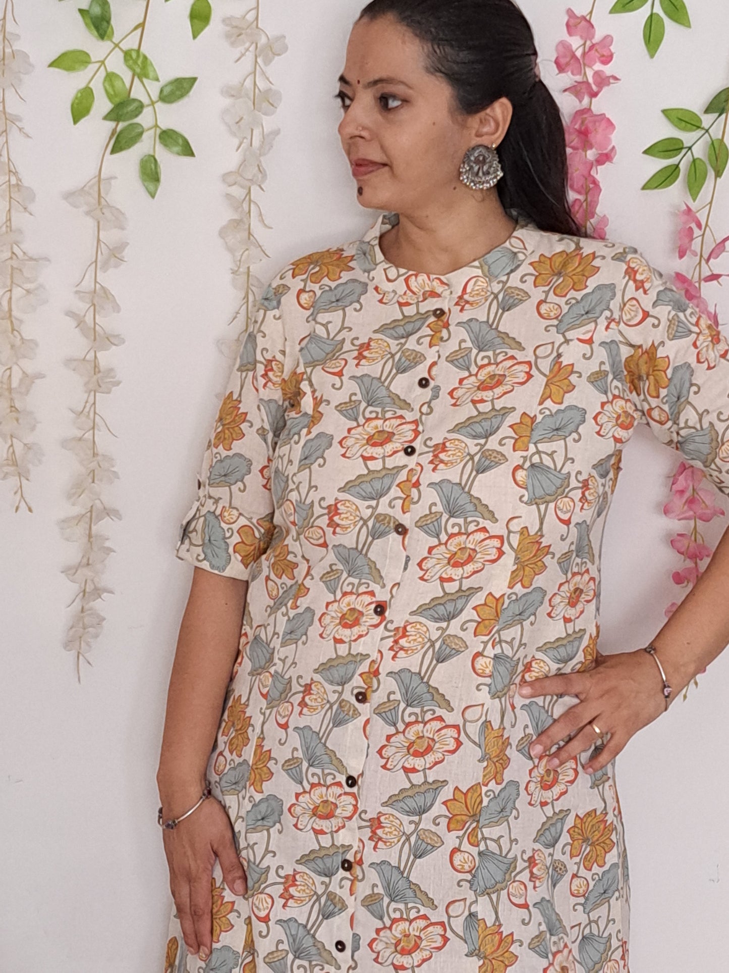 Tropical Blooms: Orange and Green Floral A-Line Cotton Flex Kurti