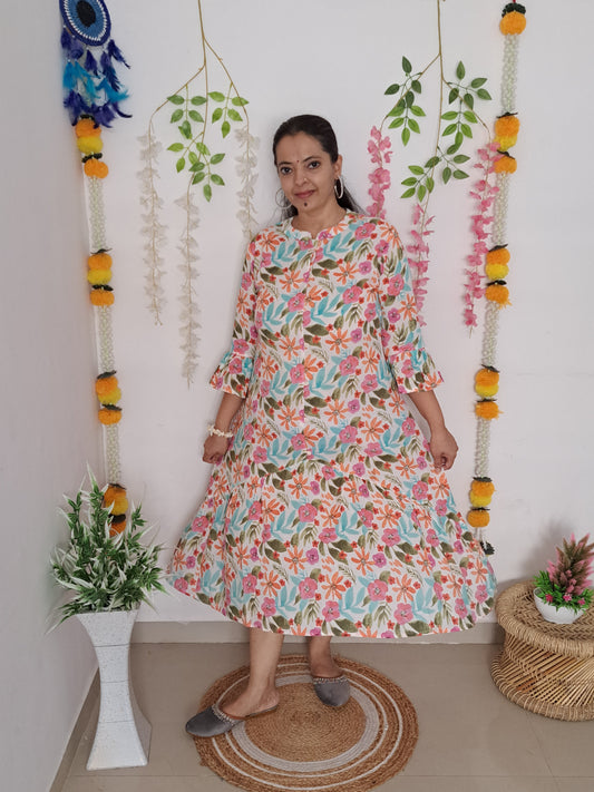 Floral Serenity: White Cotton One-Piece Dress with Bell Sleeves