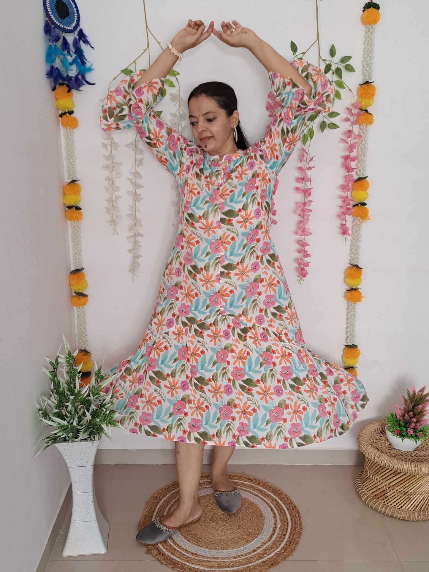 Floral Serenity: White Cotton One-Piece Dress with Bell Sleeves