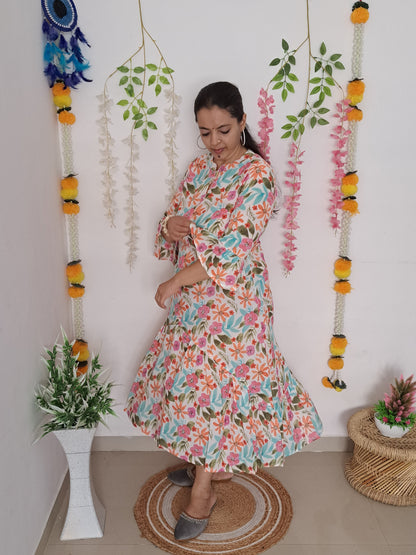 Floral Serenity: White Cotton One-Piece Dress with Bell Sleeves