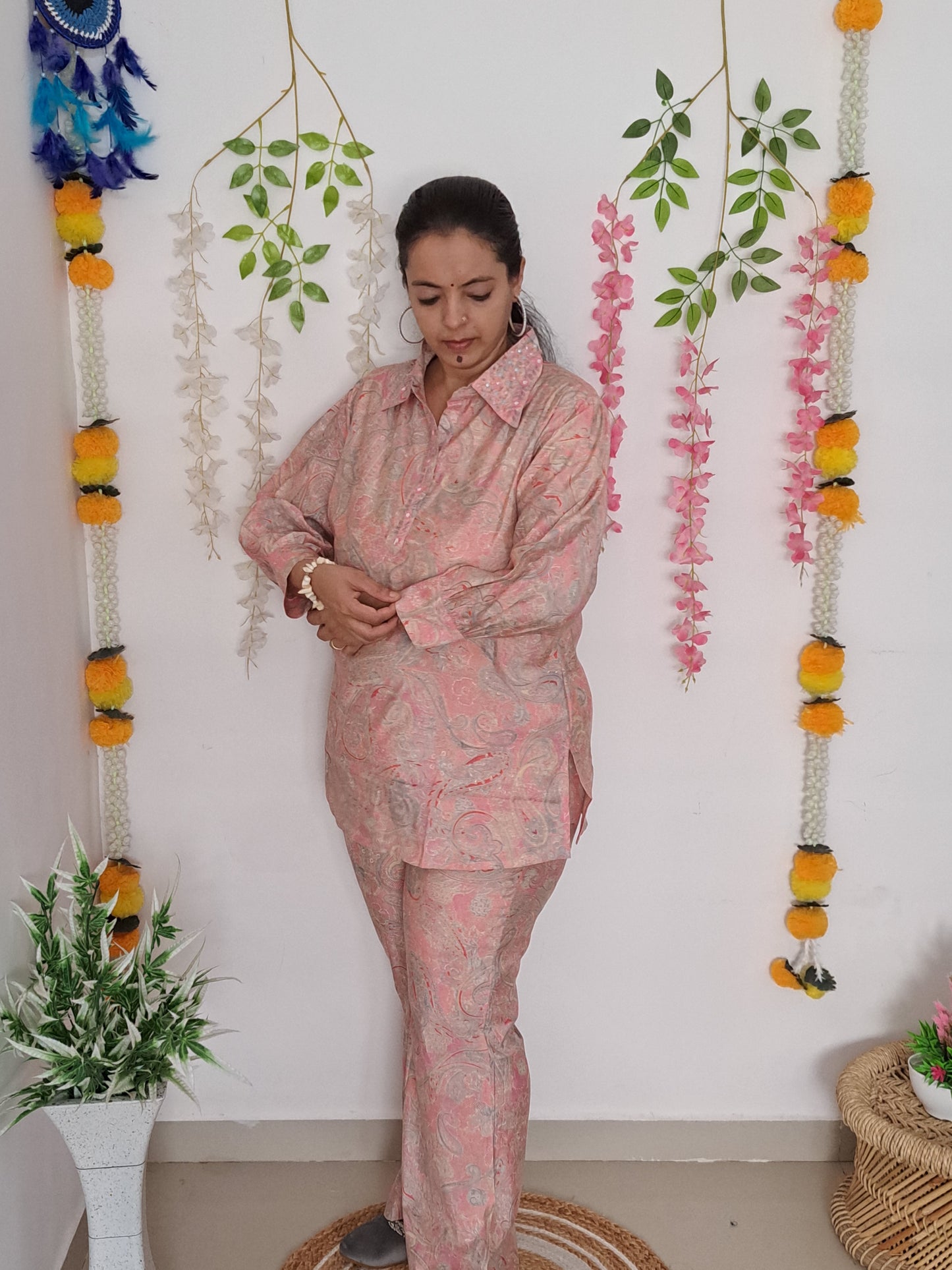 Whispering Petals: Baby Pink Muslin Co-ord Set with Embroidery