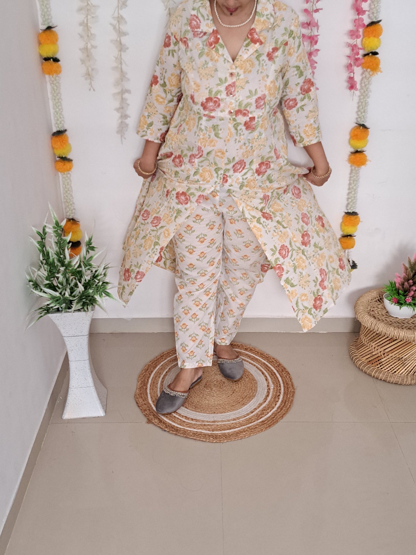 Pastel Blooms: Floral Mulitcolor Cotton kurta pant set