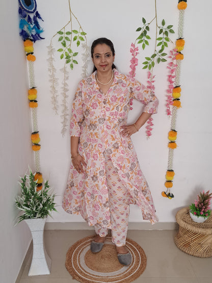 Blossom Chic: Floral Pink Cotton kurta pant Set