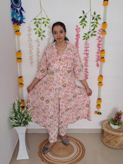 Blossom Chic: Floral Pink Cotton kurta pant Set