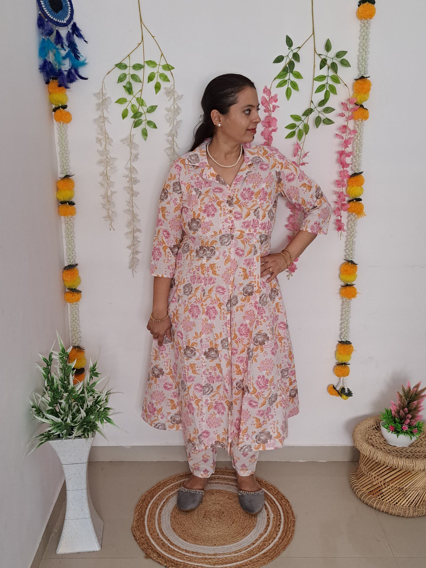 Blossom Chic: Floral Pink Cotton kurta pant Set