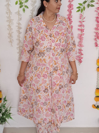 Blossom Chic: Floral Pink Cotton kurta pant Set