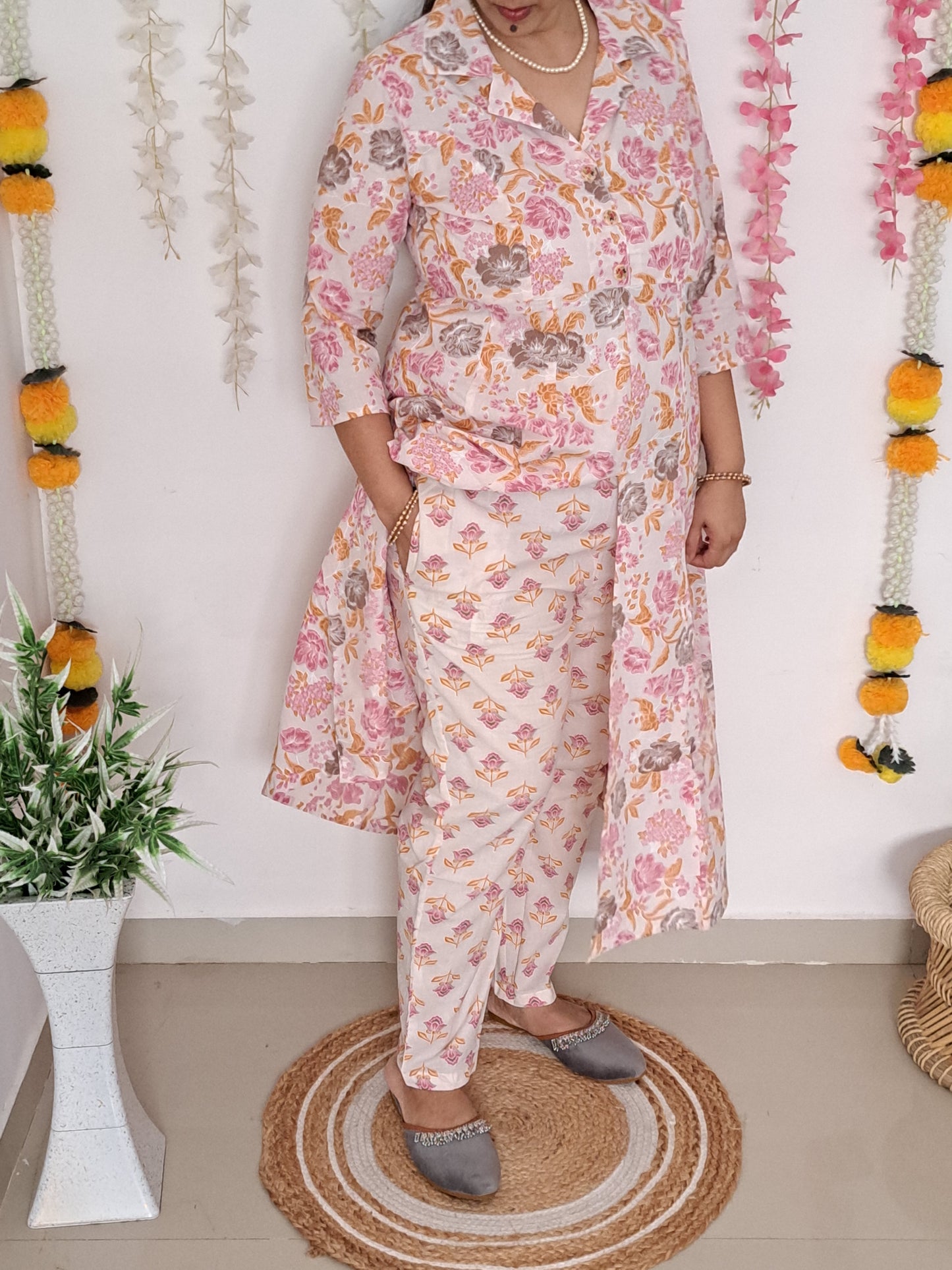 Blossom Chic: Floral Pink Cotton kurta pant Set