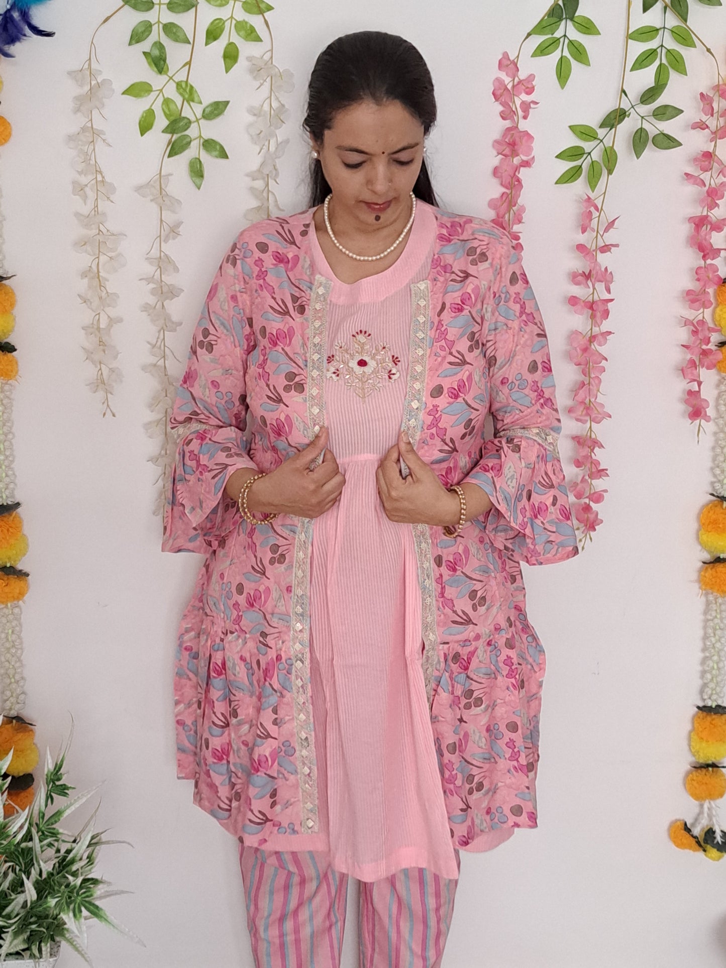 Enchanting Blush: Cotton Pink 3-Piece Shrug Co-ord Set with Hand Embroidery